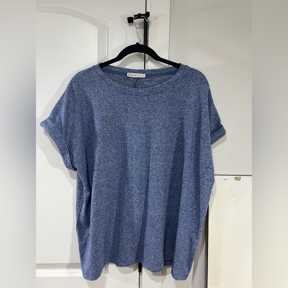 Zenana Outfitters Blue Rolled Sleeve Top